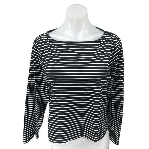 J.Crew Women's Black Striped Knit Boat Neck Long Sleeve Pullover Sweater Top L - Picture 1 of 4